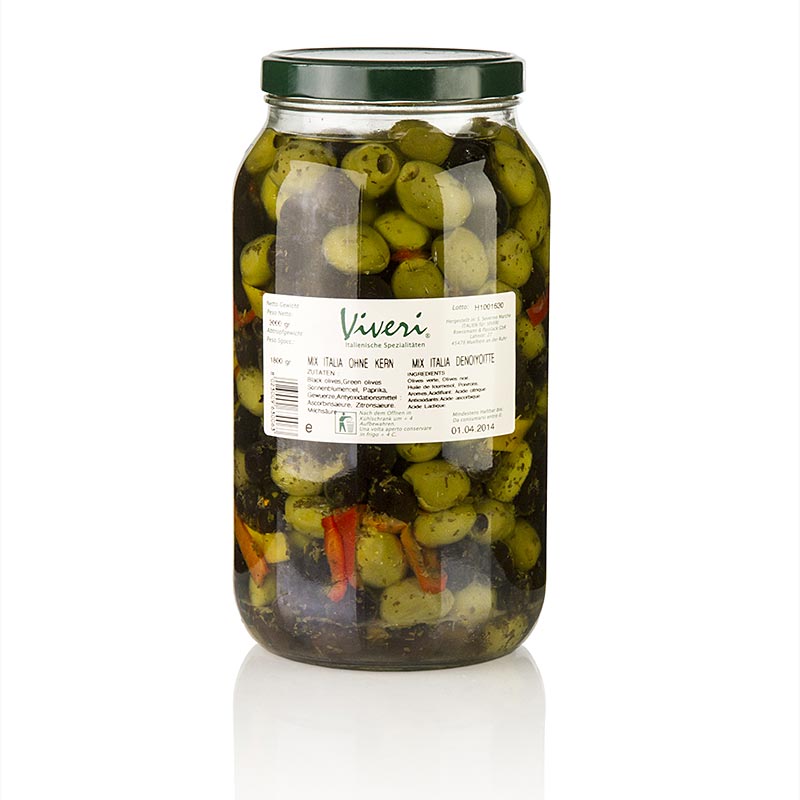 Olivenblanding, grønne og sorte oliven, uden sten, pikant marineret, Viveri, 3 kg