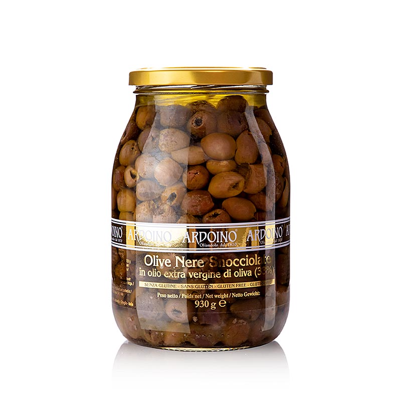 Sorte oliven, uden sten (Snocciolate), i olivenolie, Ardoino, 930 g