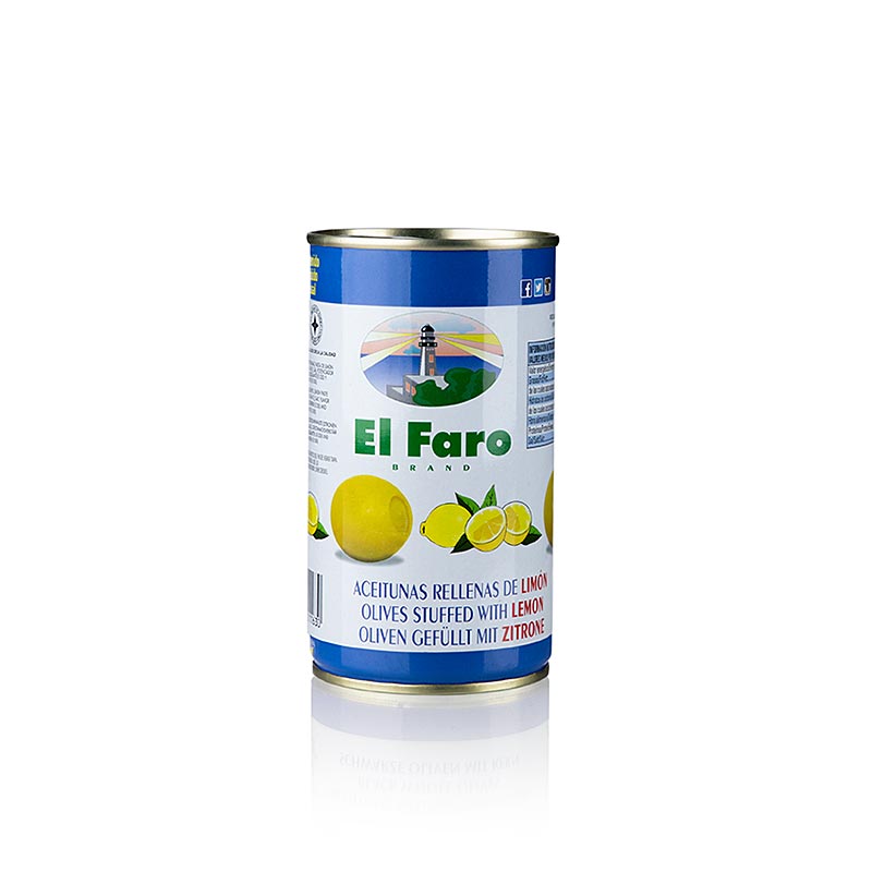 Grønne oliven, uden sten, med citronpasta, i lage, El Faro, 350 g
