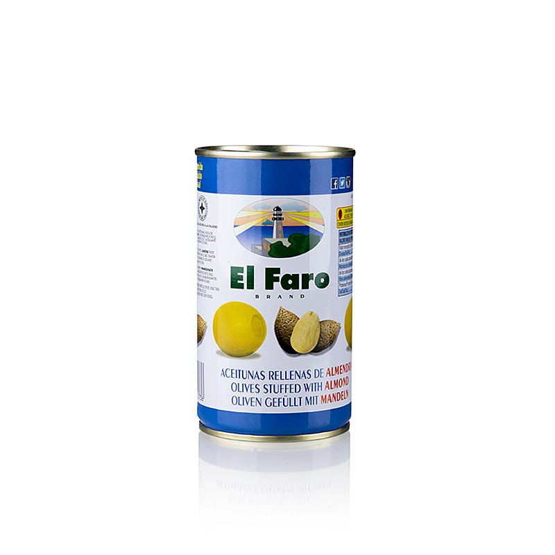 Grønne oliven, uden sten, med mandler, i lage, El Faro, 350 g