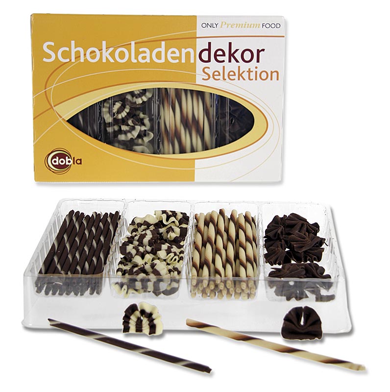 Chokolade-dekorationssortiment – udvalg 2, 4 sorter cigarillos & vifte, 260 g, c
