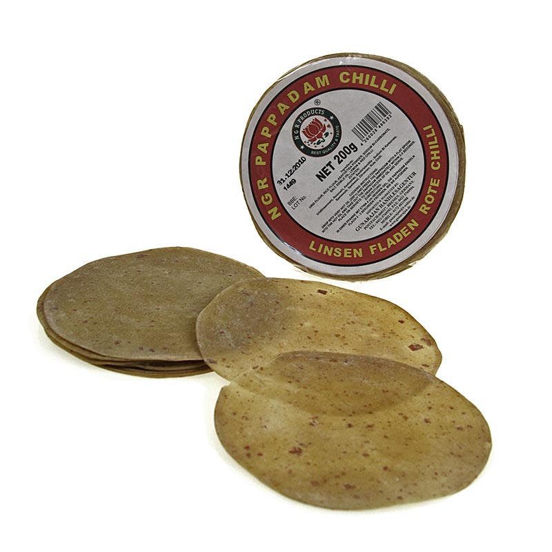 Pappadums, krydret med røde chilier, ca. ø 15 cm, 200 g, 12 stk