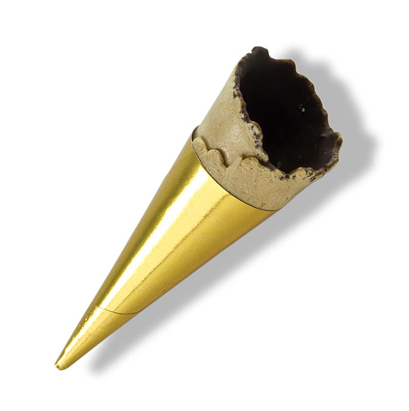 Mini-horn, guld, overtrukket med mørk chokolade, ø 3x7 cm, 1,2 kg, 180 stk
