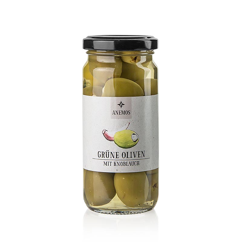 Grønne oliven, uden sten, med hvidløg, i lage, ANEMOS, 227 g