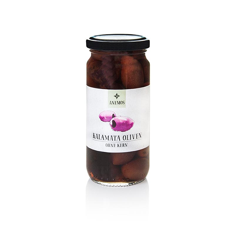 Sorte oliven, uden sten, Kalamata-oliven, i lage, ANEMOS, 227 g