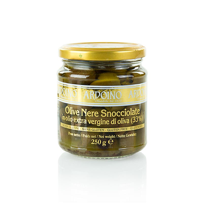 Sorte oliven, uden sten (Snocciolate), i olivenolie, Ardoino, 250 g