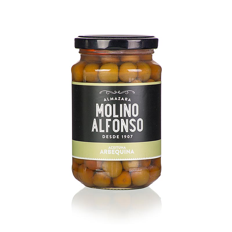 Grønne oliven, med sten, Arbequina, i lage, Molino Alfonso, 355 g
