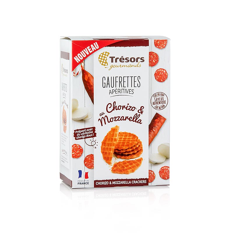 Barsnack Trésors – Gaufrettes, franske mini-vafler med chorizo og mozzarella, 60 g