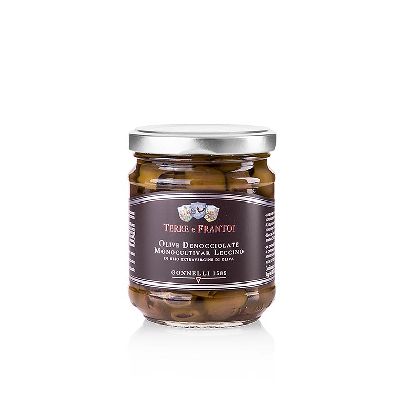 Sorte oliven, uden sten (Denocciolate), i olivenolie, Terre e Frantoi Gonnelli, 180 g