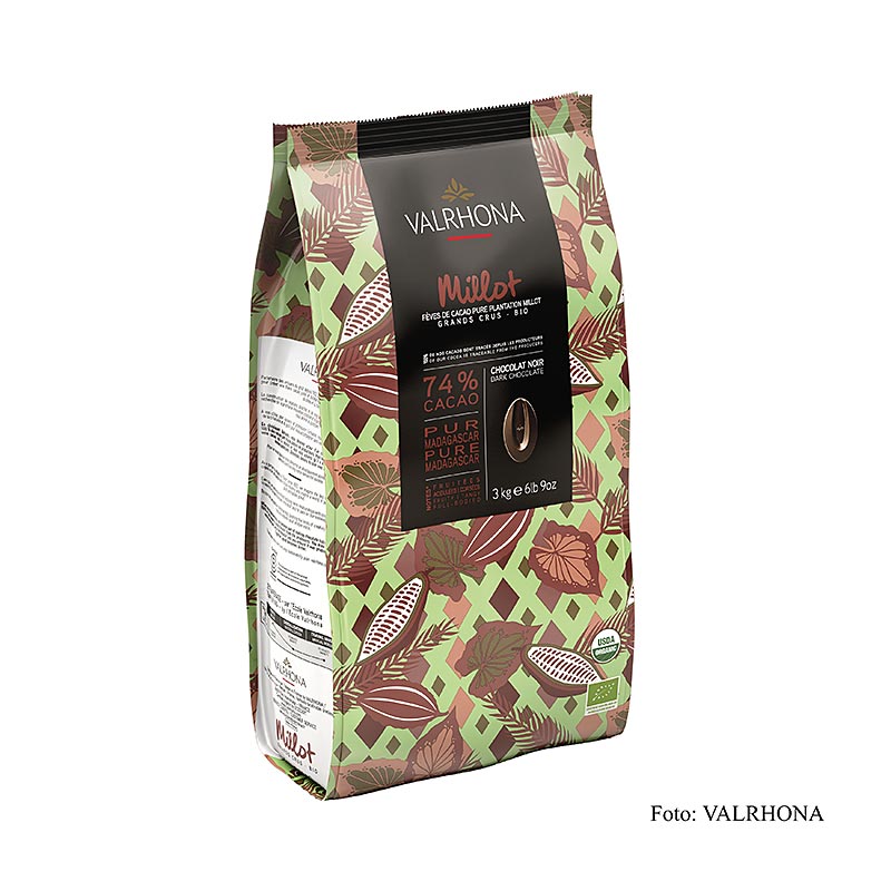 Valrhona Millot, mørk couverture, 74 % kakao, callets (31508), økologisk, 3 kg