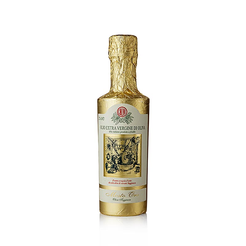 Ekstra jomfruolivenolie Calvi "Mosto Oro", 100 % Taggiasca, guldfolie, Ligurien, 250 ml