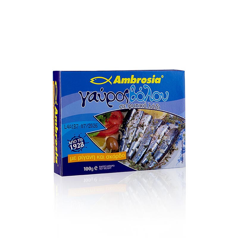 Ansjoser med oregano og hvidløg, fra Det Ægæiske Hav, Ambrosia, 100 g