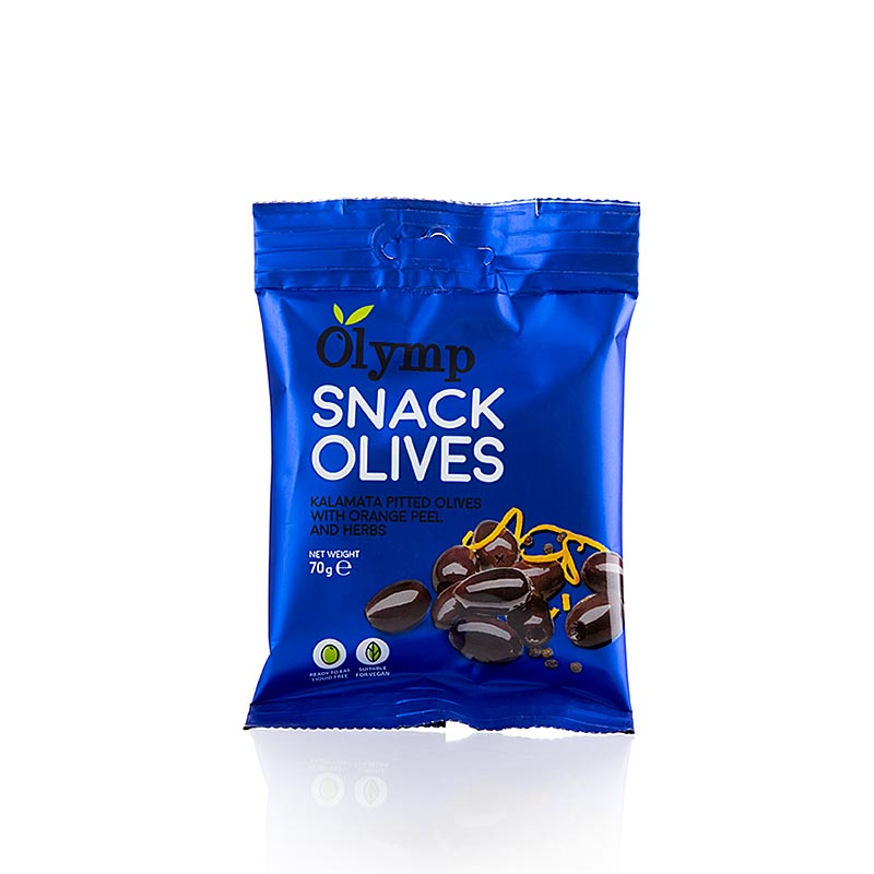 Snackoliven, Kalamata-oliven, uden sten, med appelsinskal og urter, 70 g