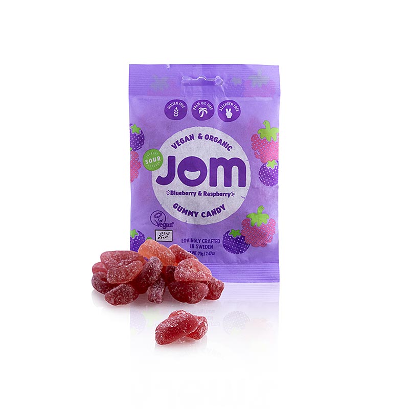 JOM - Sour Blueberry & Raspberry Gummy Candy, vegansk, økologisk, 70 g