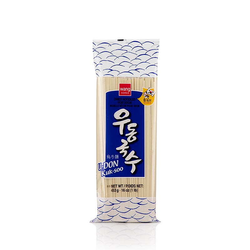 Udon - hvedenudler, lyse, flade, 2 mm, 21 cm lange, Wang, Korea, 453 g