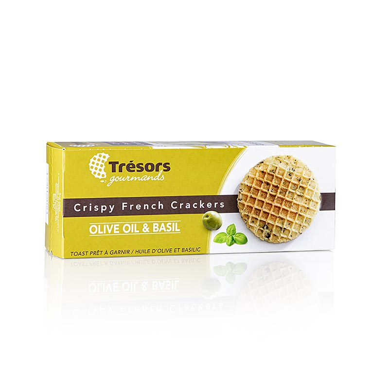 Barsnack Tresors – sprøde franske mini-vafler med olivenolie og basilikum, 95 g