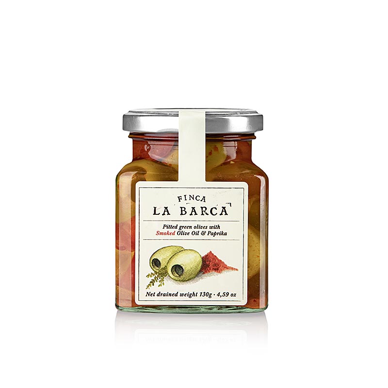 Grønne oliven, uden sten, med røget paprika, Finca La Barca, 130 g