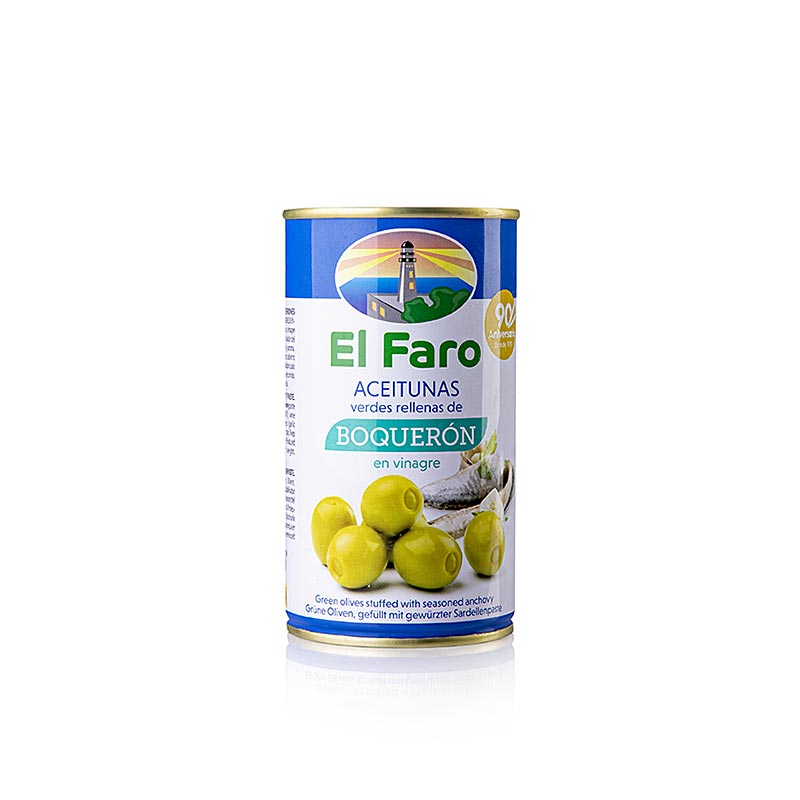 Grønne oliven, med ansjoser (boqueron) (sardelleddike), El Faro, 350 g