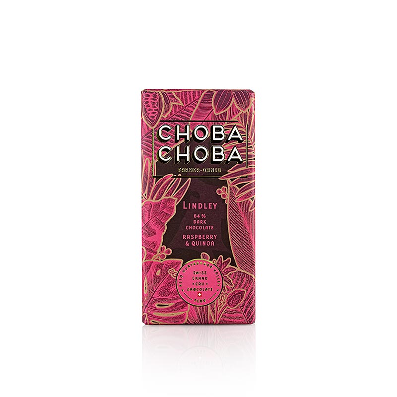 Mørk chokolade 64 % hindbær-crisp, mørk chokoladetablet, ChobaChoba, økologisk, 91 g