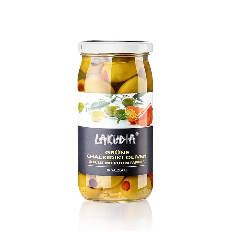 Grønne oliven "Chalkidiki", uden sten, med paprika, Lakudia, 355 g