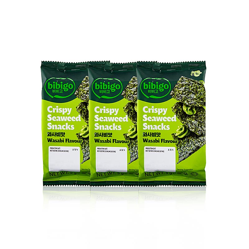 Seetang Snack Wasabi Flavour, sprøde tangblade, Bibigo, 15 g