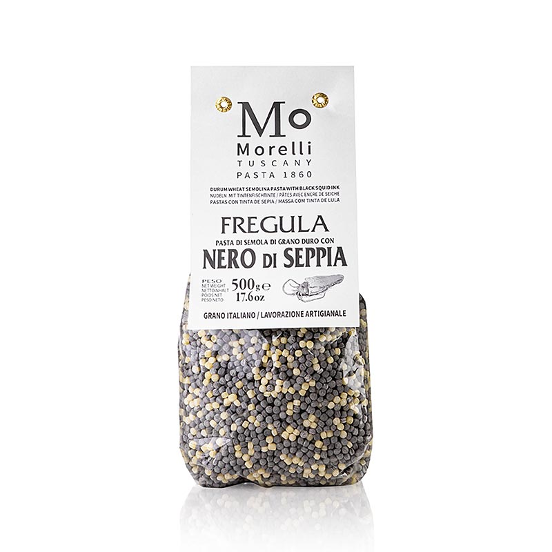 Nudler Fregula (Fregola) Nero di Seppia (med blæksprutteblæk) Morelli 1860, 500 g
