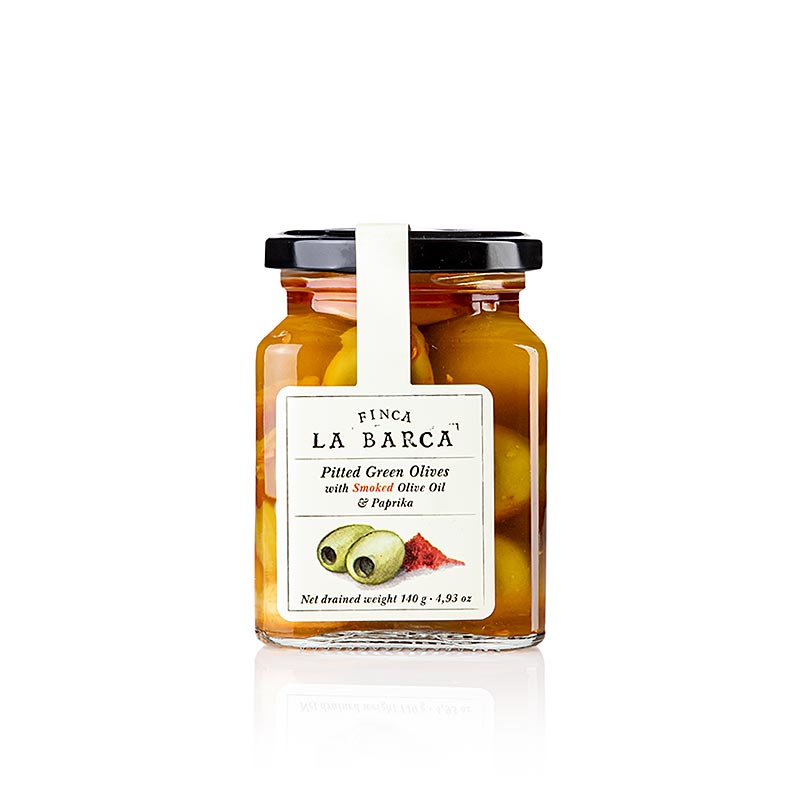 Grønne oliven, uden sten, med røget paprika, Finca La Barca, 140 g