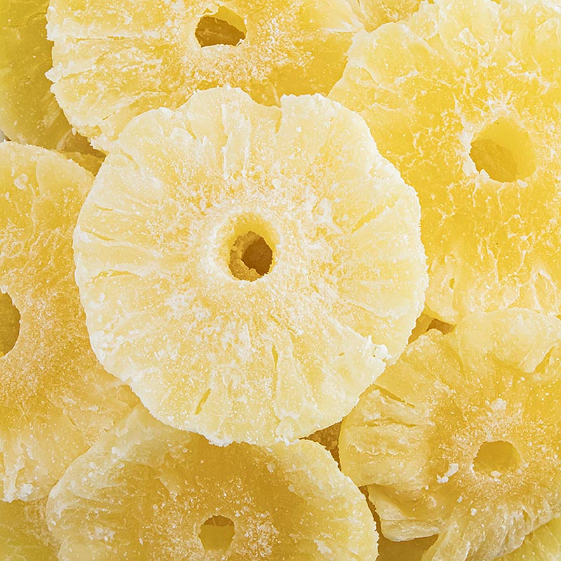 Ananasringe, tørrede, sukkerglaserede, svovlbehandlede, 1 kg