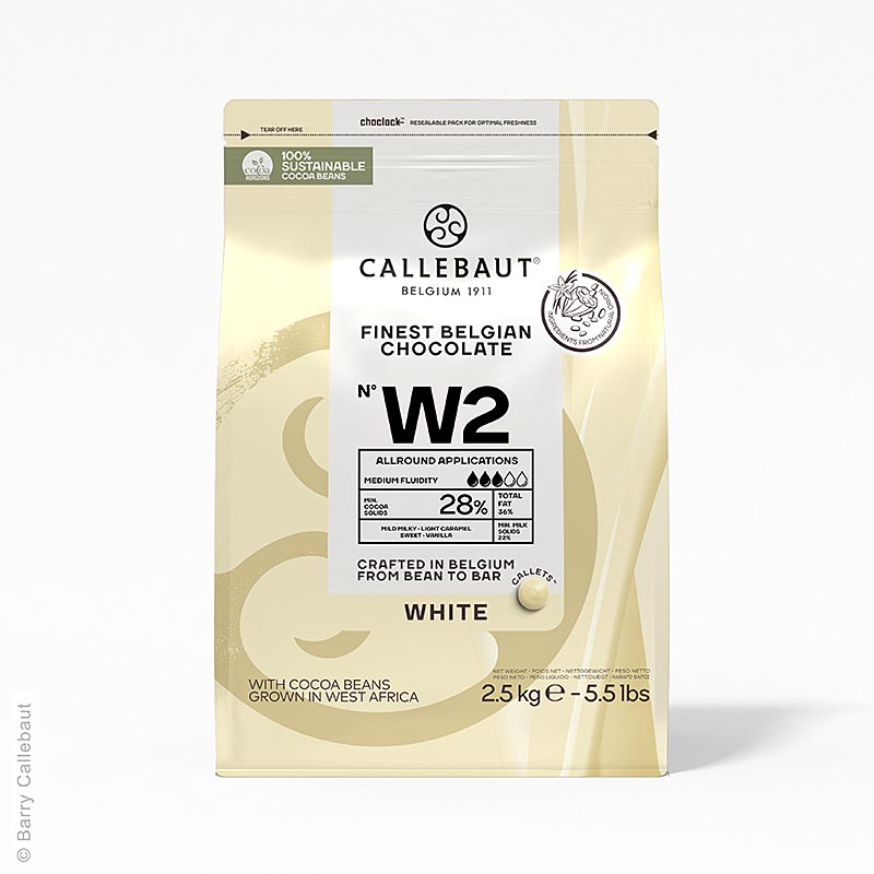 Hvid chokolade, callets, 28 % kakaosmør, 22 % mælk, 2,5 kg