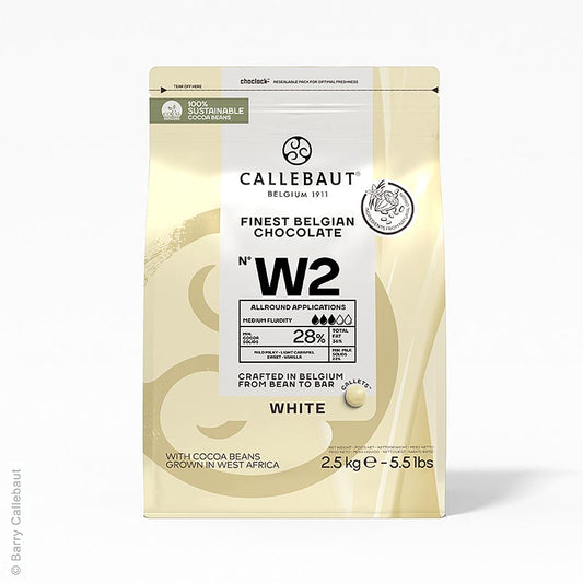 Hvid chokolade, callets, 28 % kakaosmør, 22 % mælk, 2,5 kg