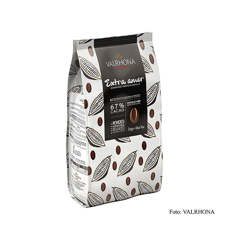 Valrhona Extra Amer, mørk couverture, callets, 67 % kakao, 3 kg