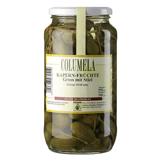 Kapersfrugter, medium, med stilk, ø 15-18 mm, Columela, 950 g