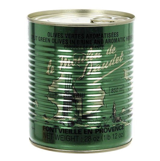 Grønne oliven, med sten, med provencalske urter, i lage, 800 g