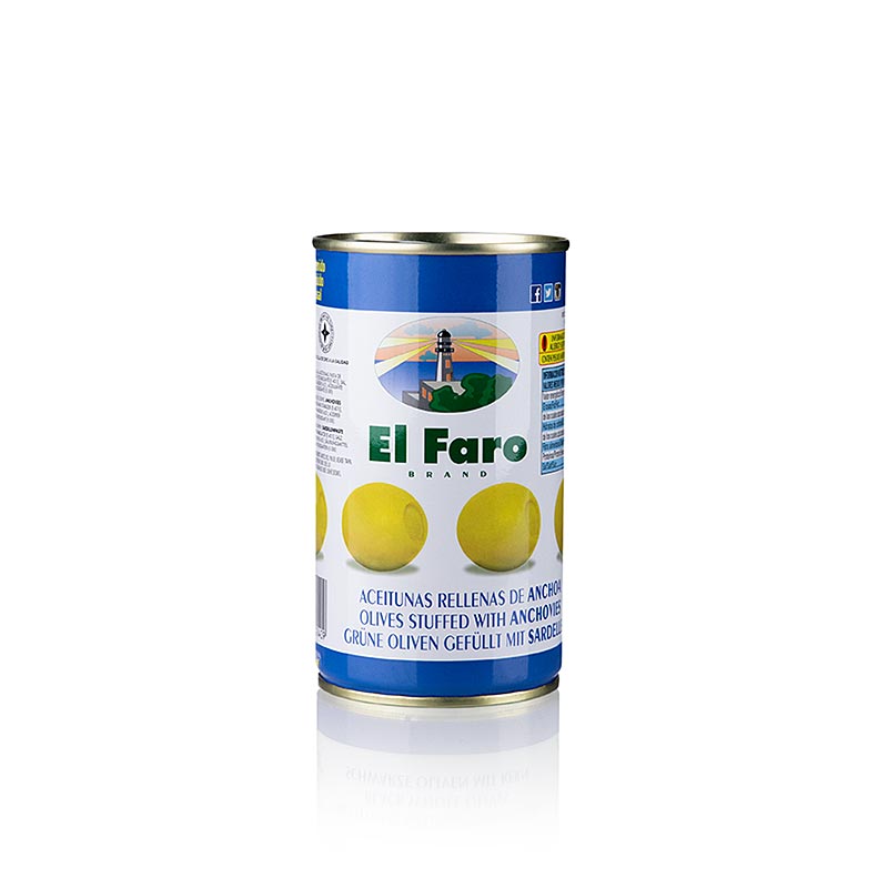 Grønne oliven, uden sten, med ansjos (ansjosfyld), El Faro, 350 g