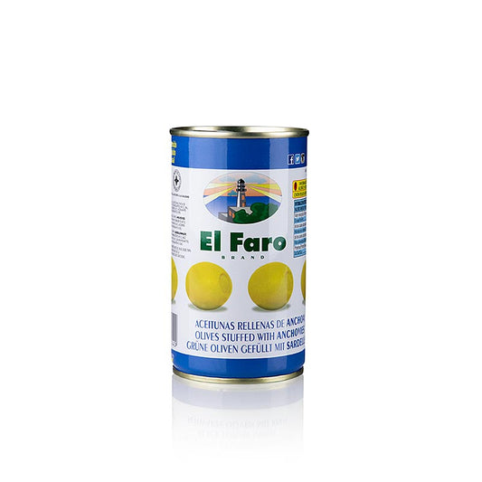 Grønne oliven, uden sten, med ansjos (ansjosfyld), El Faro, 350 g