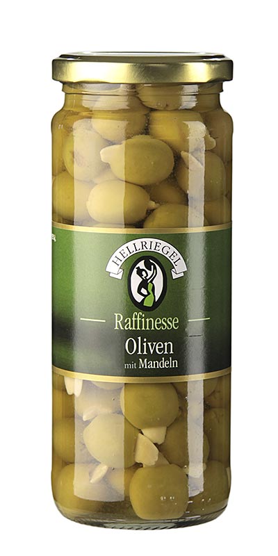 Grønne oliven, uden sten, med mandler, i lage, 440 g