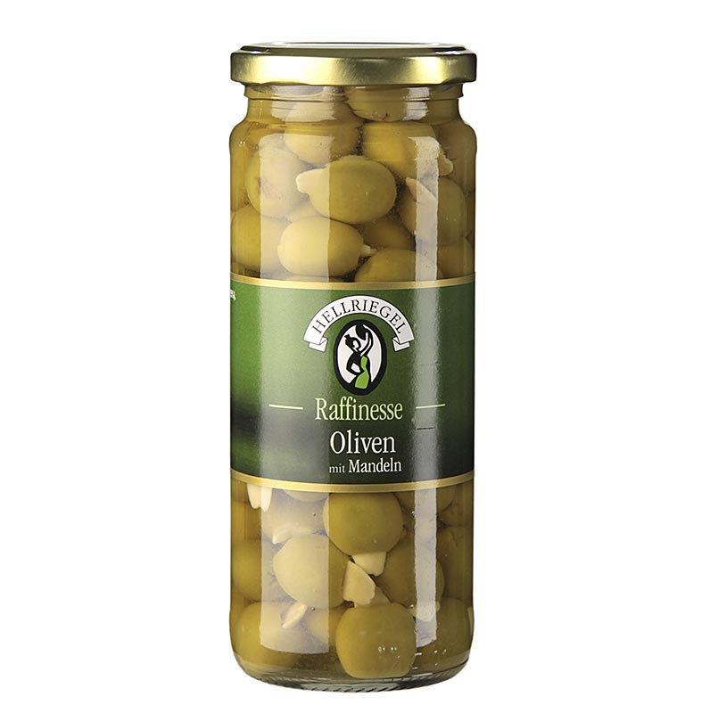 Grønne oliven, uden sten, med mandler, i lage, 440 g