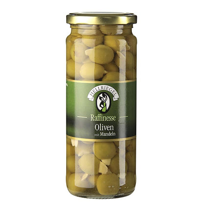 Grønne oliven, uden sten, med mandler, i lage, 440 g