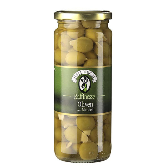 Grønne oliven, uden sten, med mandler, i lage, 440 g