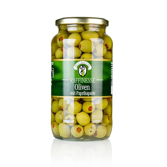 Grønne oliven, uden kerne, med paprikapasta, i lage, Raffinesse, 935 g