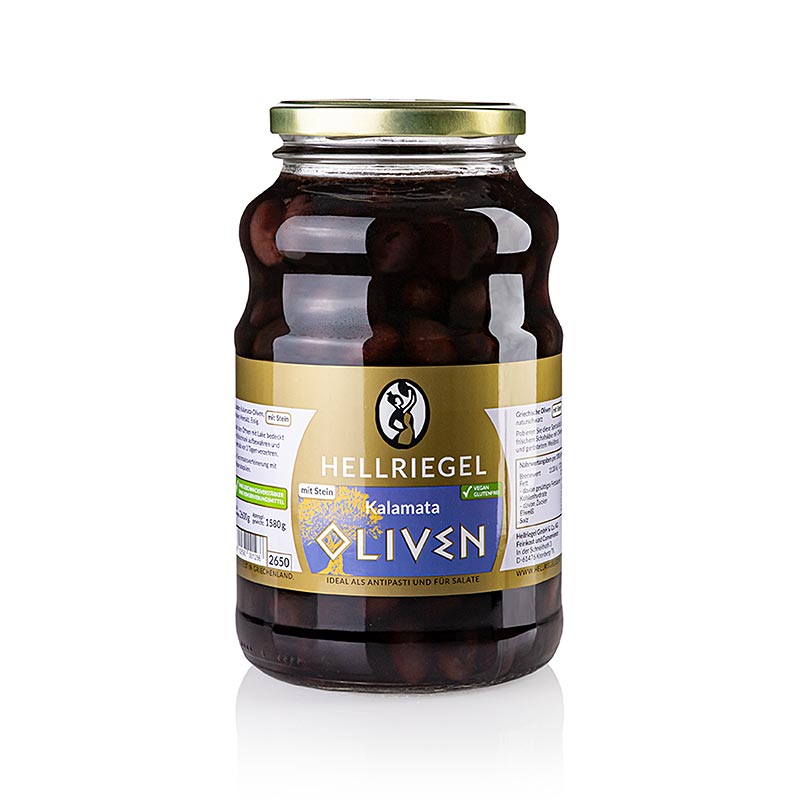 Sorte oliven, med sten, Kalamata-oliven, ekstra store, i lage, Jardinelle, 2,6 kg