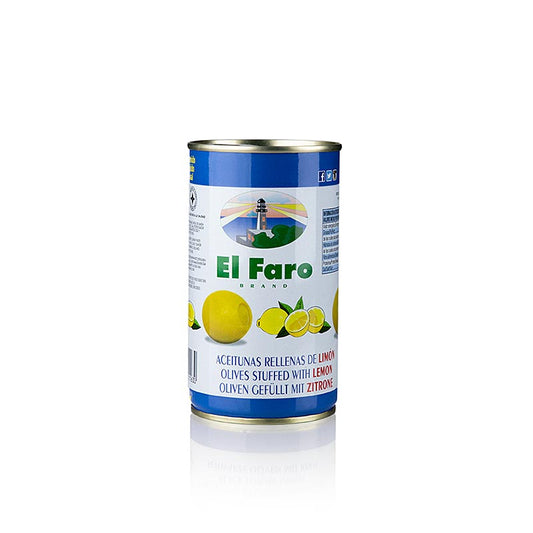 Grønne oliven, uden sten, med citronpasta, i lage, El Faro, 350 g