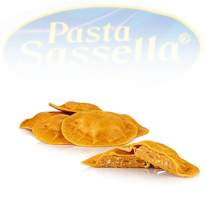 Friske agnolotti med tomat-mozzarella-fyld, runde og røde, Sassella, 500 g