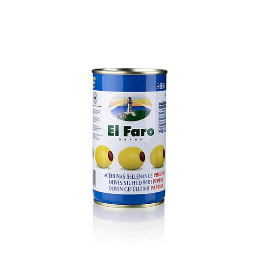 Grønne oliven, uden sten, med paprikapasta, i lage, El Faro, 350 g