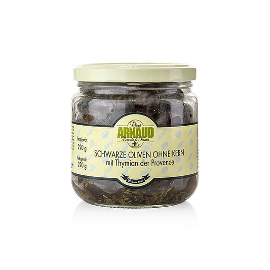 Sorte oliven, uden sten, med timian, i solsikkeolie, Arnaud, 220 g