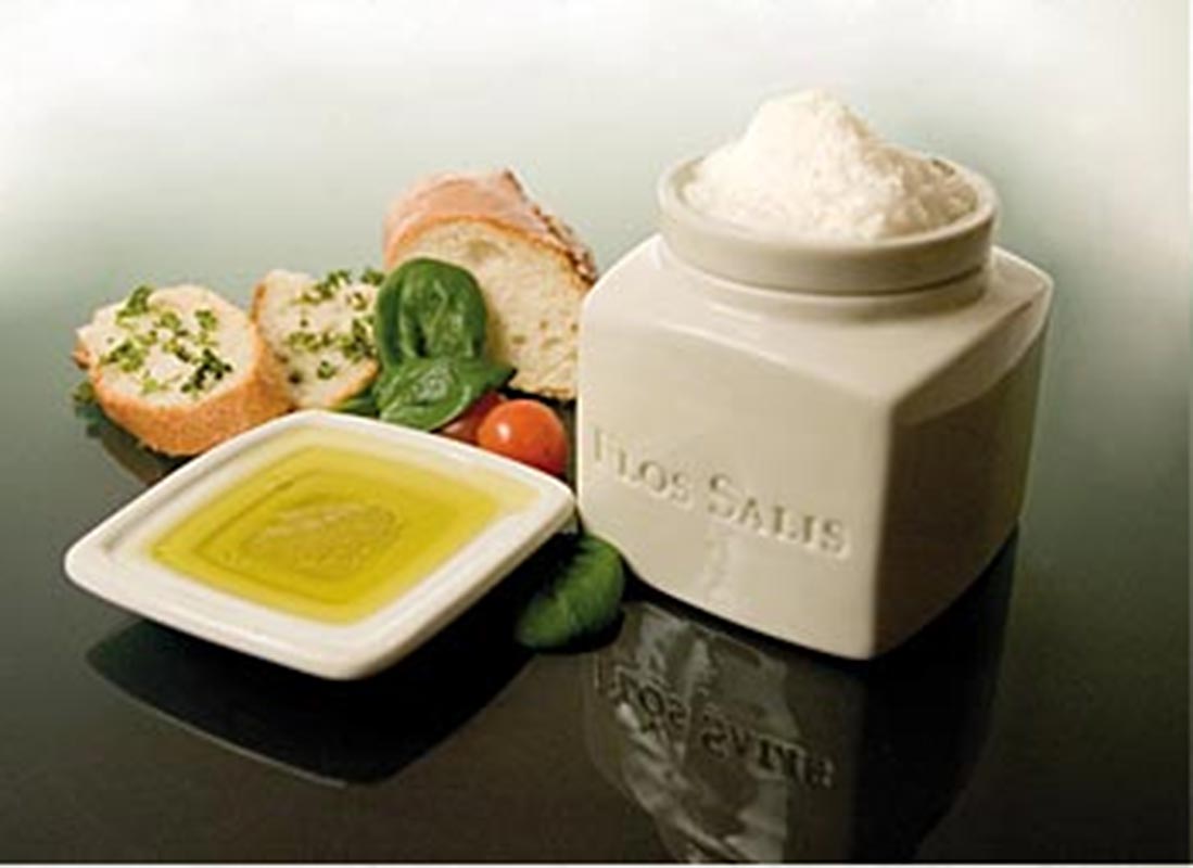 Bordsaltbeholder "Flos Salis®", stor, Flor de Sal-udvalg & olivenoliedipskål, 225 g, 2 tlg.