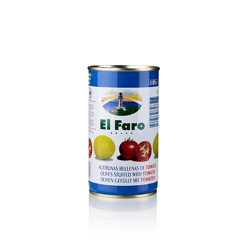 Grønne oliven, uden sten, med tomat, i lage, El Faro, 350 g