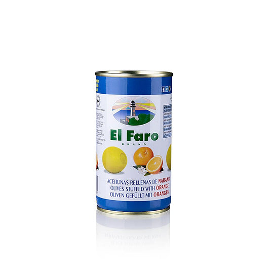 Grønne oliven, uden sten, med appelsinpasta, i lage, El Faro, 350 g