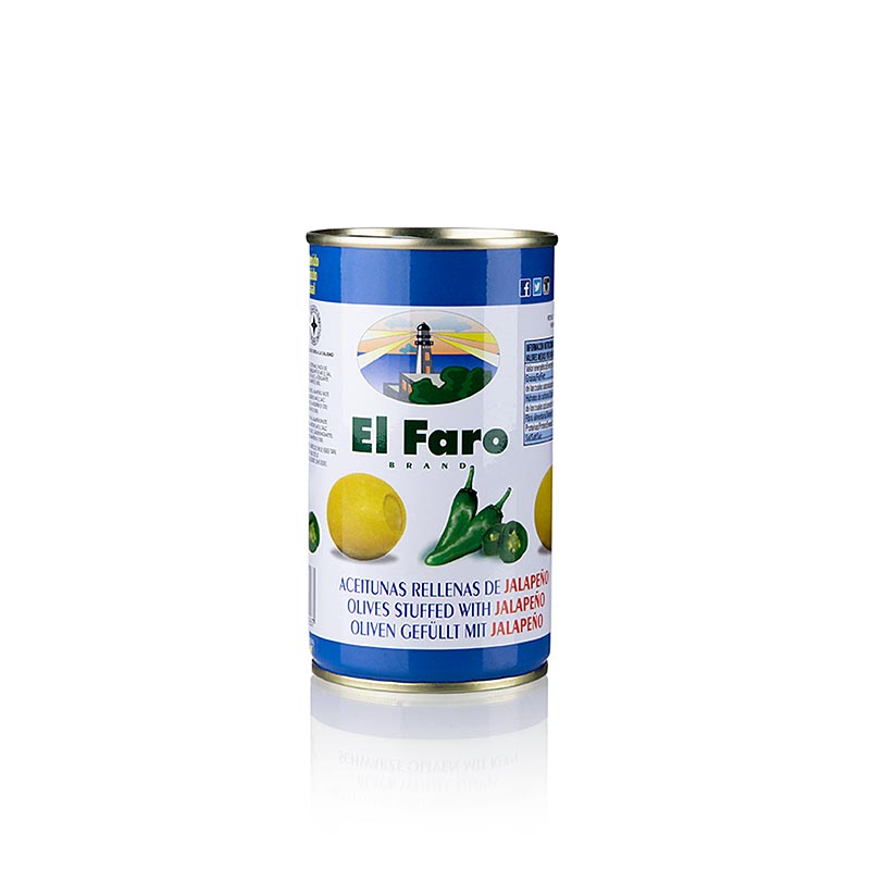 Grønne oliven, uden sten, med jalapeno-chili, El Faro, 350 g
