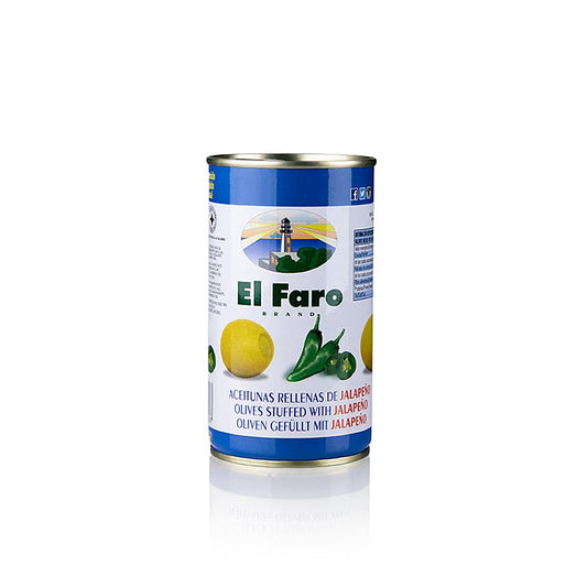 Grønne oliven, uden sten, med jalapeno-chili, El Faro, 350 g